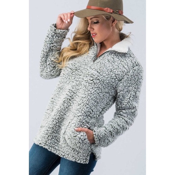 The O Boutique Sweaters - •LAST 1• Olive Sherpa Fleece Zip-Up Pullover